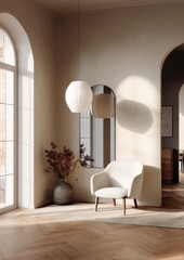 A sun-drenched corner space features a neutral color palette, with a white armchair, light-colored flooring, and a vase of dried flowers, creating a calming and inviting atmosphere.