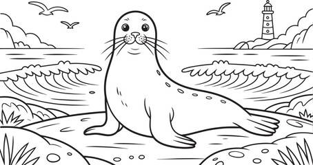 Adorable Seal on Rocky Coastline with Lighthouse and Seagulls Outline Vector Illustration