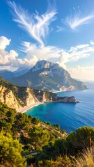 Fototapeta premium A breathtaking vista of a picturesque beach nestled within a dramatic mountain landscape, bathed in the warm glow of a sunny day.