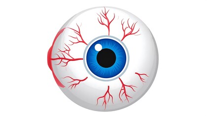 A detailed illustration of an eye, highlighted by intricate blood vessels, set against a plain white backdrop.