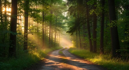 Enchanting Forest Road with Golden Sunlight.