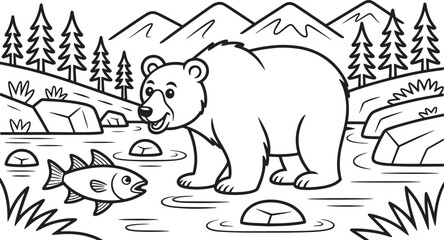 Cartoon Bear Catching Fish in River with Mountains and Trees Outline Illustration Vector