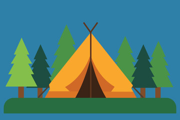 Illustration of a Tent in a Forest with Pine Trees