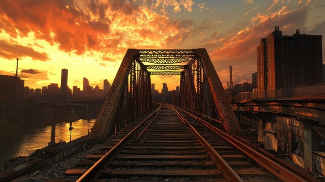 Sunset over urban bridge with railway tracks