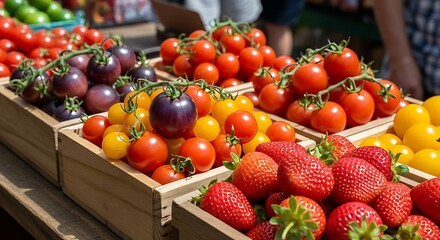 Fresh Tomatoes and Strawberries at Farmers Market.