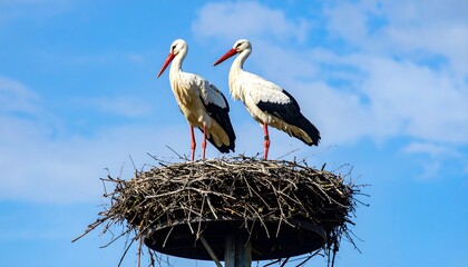 Fototapeta premium Two white storks stand sentinel in a large, sturdy nest against a vibrant blue sky, showcasing the peaceful serenity of nature.