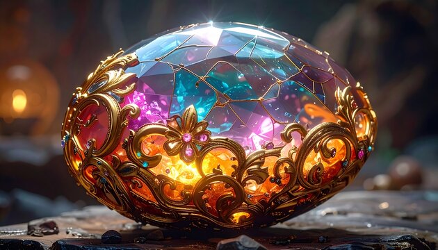 A detailed, ornate egg-shaped treasure, crafted from gold filigree and shimmering, multicolored gems. - Powered by Adobe