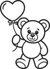 Cute Teddy Bear Holding Heart Balloon Outline Illustration for Children's Designs