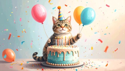 Cute cat with birthday cake and balloons