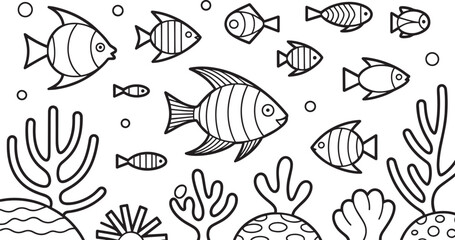 Detailed Outline Vector Illustration of Fish and Coral Reef on a Transparent Backdrop