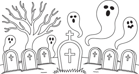 Eerie Graveyard Scene with Ghosts and Tombstones Outline Vector Illustration Design Element