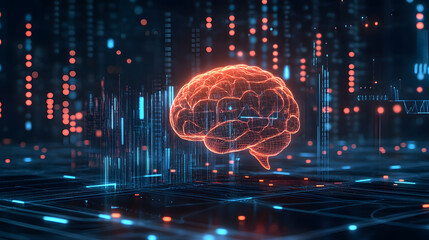 Glowing digital brain floats in futuristic, cybernetic environment, surrounded by abstract data and technology elements, symbolizing advanced artificial intelligence and innovation