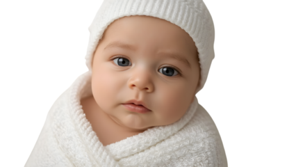 Sweet Baby in Soft Wrap: A precious infant, wrapped in a soft, white towel and adorned with a matching cap, gazes at the camera with innocent eyes.