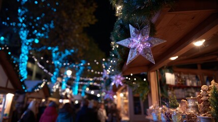 Festive night market with twinkling lights and star decorations