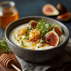 Bowl of creamy yogurt topped with fresh figs, honeycomb, and herbs creates delightful and inviting presentation. honey drizzles add touch of sweetness