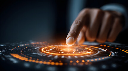Hand interacts with glowing holographic interface, featuring circular patterns and digital elements, suggesting futuristic technology and innovation