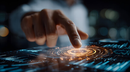 Hand interacts with futuristic digital interface, featuring glowing holographic elements and data visualization, symbolizing advanced technology and innovation