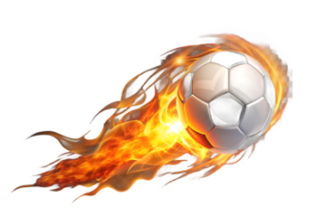 Flaming soccer ball in motion isolated on a transparent background