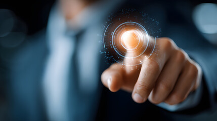 Business professional interacts with floating holographic interface, symbolizing futuristic technology and innovation. image conveys sense of control and advancement