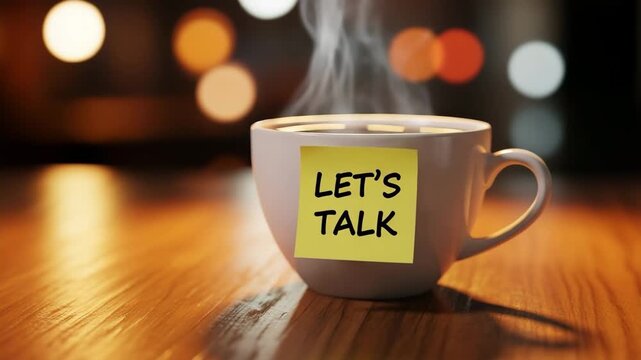 A cup of coffee with a sticky note that says lets talk on a wooden table with a blurred background, inviting conversation and connection