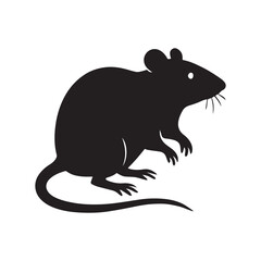 Cute black mouse silhouette with a long tail on a white background, vector illustration of a mouse