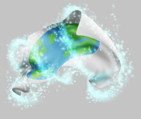 World map, vector 3d flag in whirlwind of magical radiance