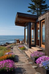 A modern wooden home sits atop a coastal bluff, showcasing a landscaped walkway lined with colorful flowers and leading to the ocean view.