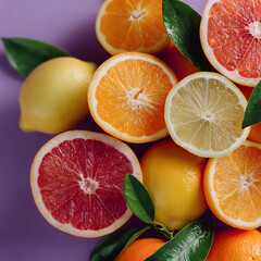 Fototapeta premium Vibrant assortment of halved oranges, lemons, and grapefruits with green leaves on purple background creates fresh and colorful display