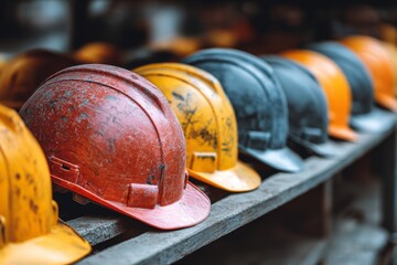 Row of worn construction hard hats on wooden shelf