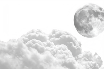 Full moon above white clouds isolated on a transparent background
