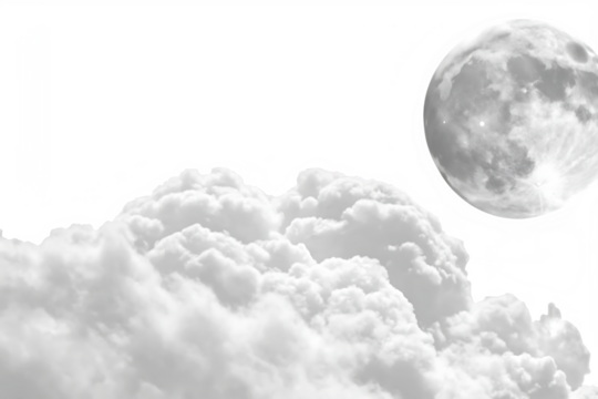 Full moon above white clouds isolated on a transparent background