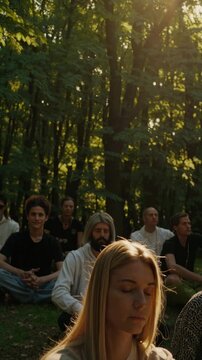 Video still of people in a sunlit forest, captured from a low angle. Sunlight filters through the leaves, creating a serene, natural atmosphere.