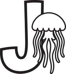 Letter J with Jellyfish Silhouette Illustration, Marine Alphabet Design, Ocean Creature Icon