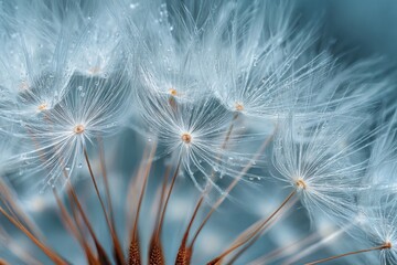 Obraz premium Close-up view of delicate dandelion seeds with water droplets