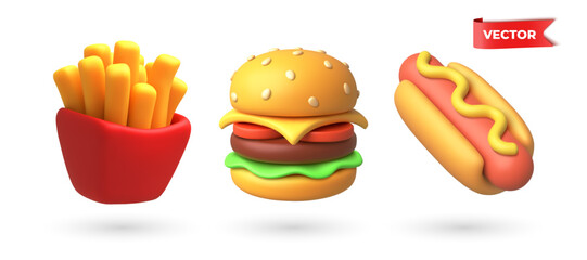 3D vector Cartoon Food Set Hot Dog, Fries, Burger