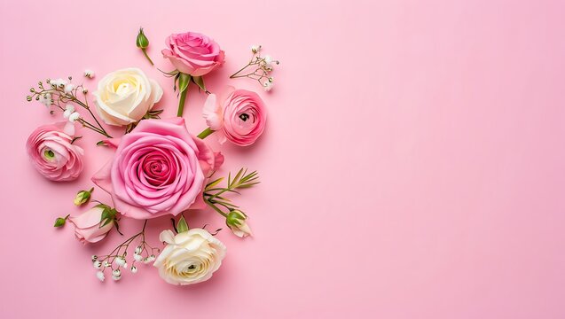 Elegant floral arrangement with pink and white roses on a pastel pink background