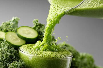 Fresh Green Vegetable Juice Being Poured into a Glass Surrounded by Kale and Cucumber Slices