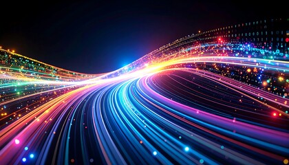 Glowing, colorful streams converge, abstractly representing fast data transfer against a dark background