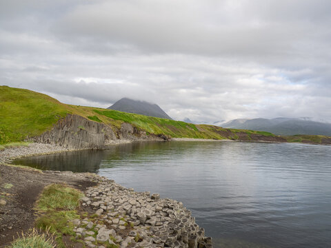 shore and basalt rock formation on the seashore in iceland
