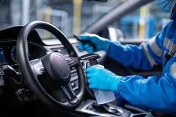 Person in blue suit and mask spraying disinfectant on car steering wheel