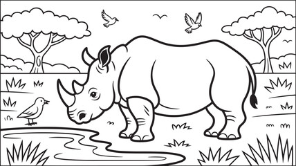 Rhino in African Savanna Outline Drawing with Birds and Waterhole, Wildlife Illustration
