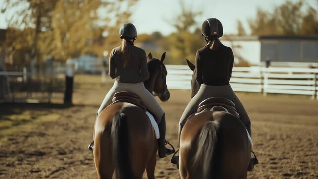 Equestrian riders wearing protective gear cantering horses parallel on dusty rural path, autumn landscape with golden trees, white wooden fencing