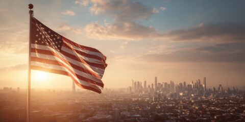 Sunset view of American flag waving over city skyline with colorful clouds