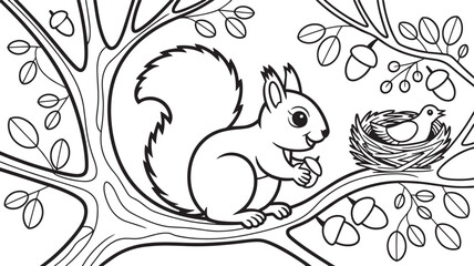 Squirrel in Tree Coloring Page with Bird Nest and Acorns Outline Illustration Design