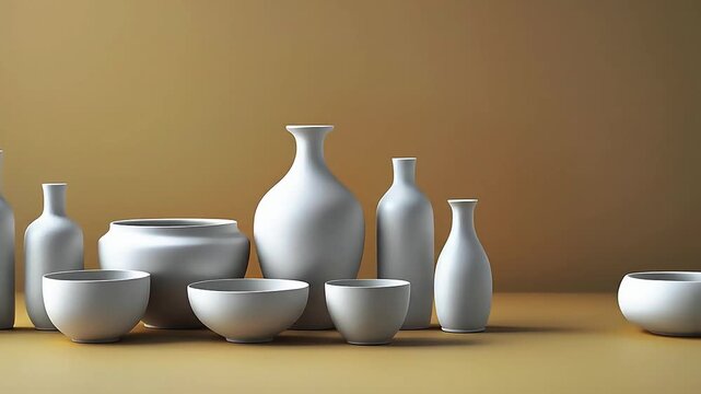 a collection of minimalist white ceramic vases and bowls