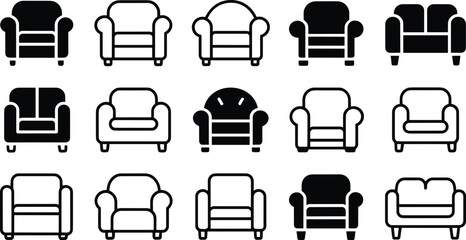 Collection of armchair and sofa icons in black and white line art and solid fill styles couch furniture