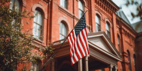 American flag waving proudly in front of historic red brick building on a sunny day