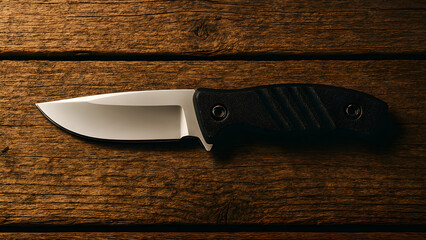 Fixed‑Blade Knife with Black Textured Handle and Polished Drop Point Blade – Outdoor Hunting and Survival Tool on Wooden Surface