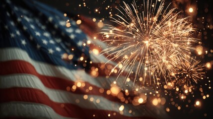 Fireworks explode over American flag during national celebration on a summer night