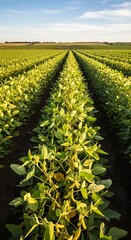Vast Rows of Healthy Green Soybean Plants Growing in a Carefully Tended Agricultural Field Under a Clear Blue Sky